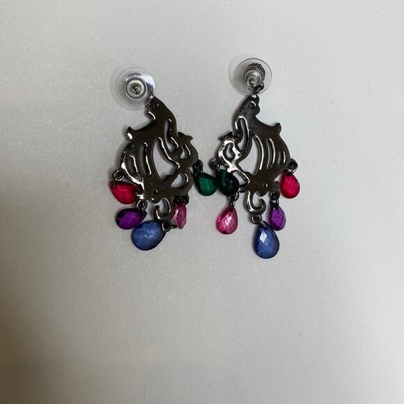 Earrings Dangling Colorful Jewels & Rhinestones Pierced EUC Sz OS Charcoal-Tone - Picture 6 of 6